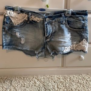 Lace Detailed and Distressed Jean Shorts